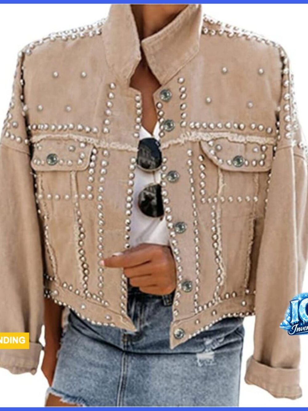 Rivet Studded Cropped Denim Jacket Western Distressed Long Sleeve